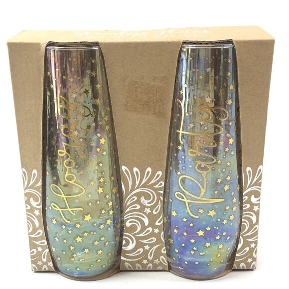 Set Of 2 Stemless Champagne Flutes "Hooray" & "Party" With Gold Stars Design - Picture 4 of 5